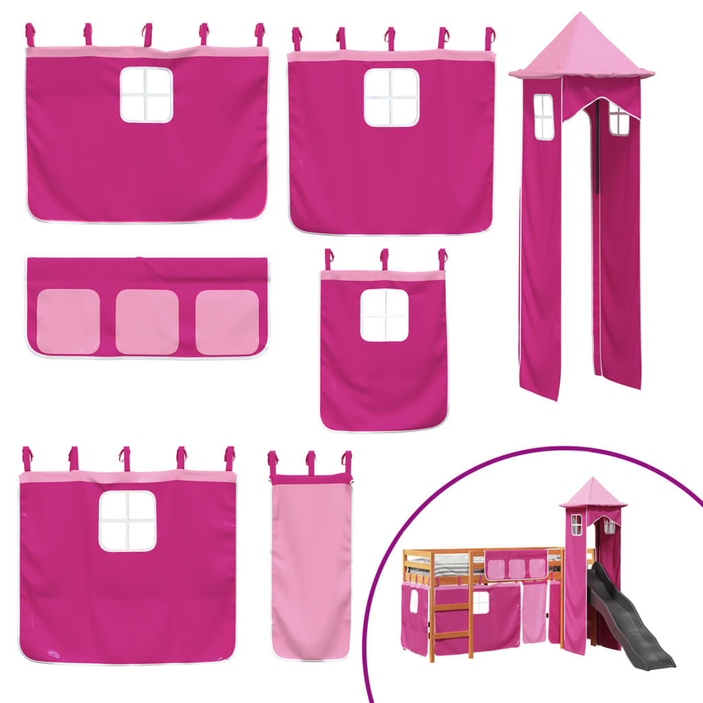 Letto a Soppalco con Torre Bambini Rosa 90x190cm Massello Pino