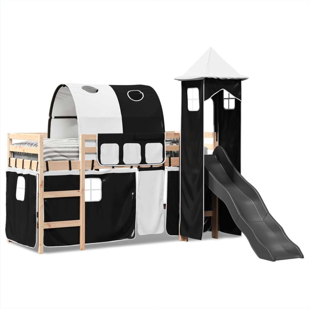 Letto a Soppalco con Torre Bambini Bianco e Nero 90x200cm Pino 3309155