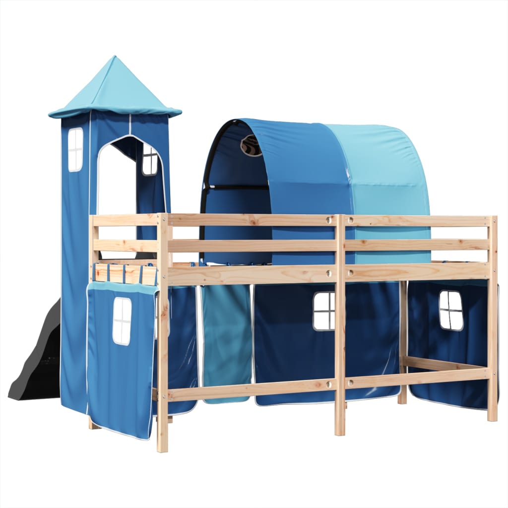 Letto a Soppalco con Torre Bambini Blu 90x190cm Massello Pino 3309165