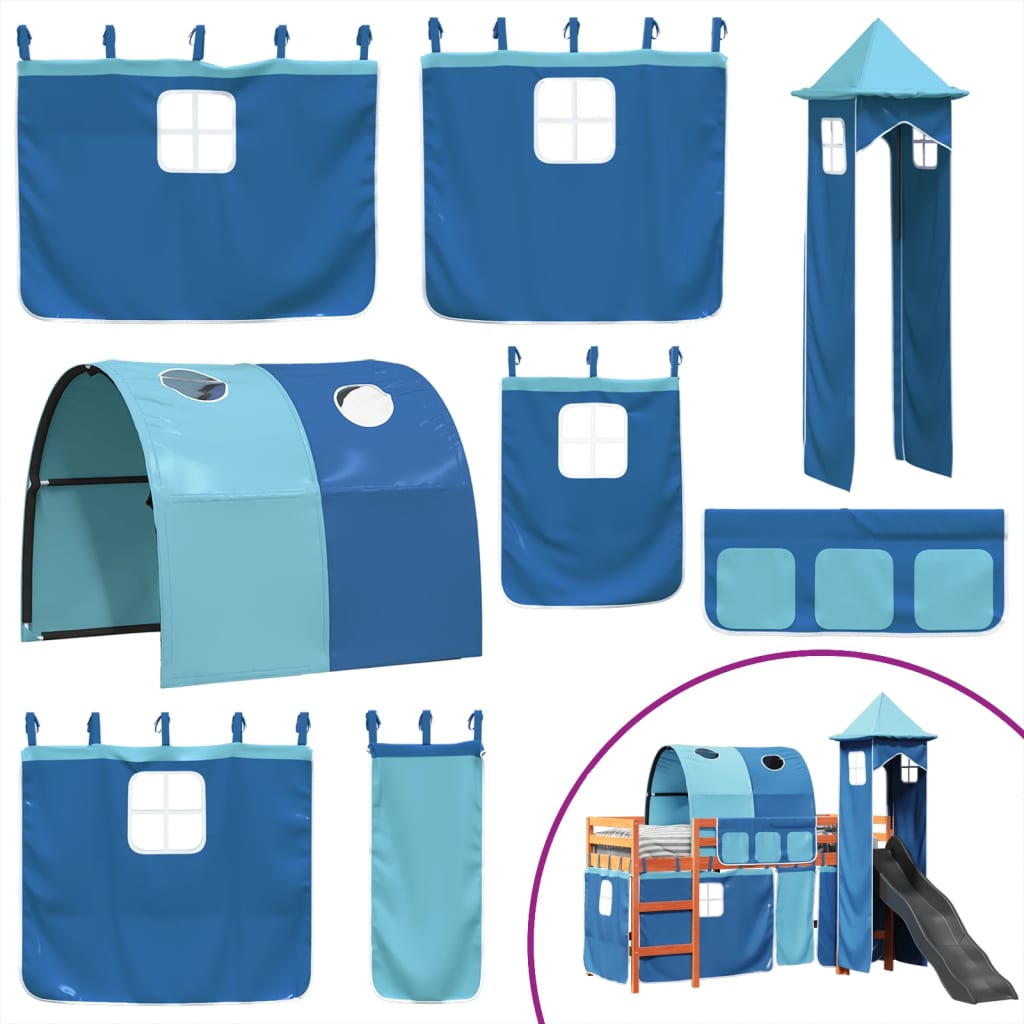 Letto a Soppalco con Torre Bambini Blu 90x190cm Massello Pino