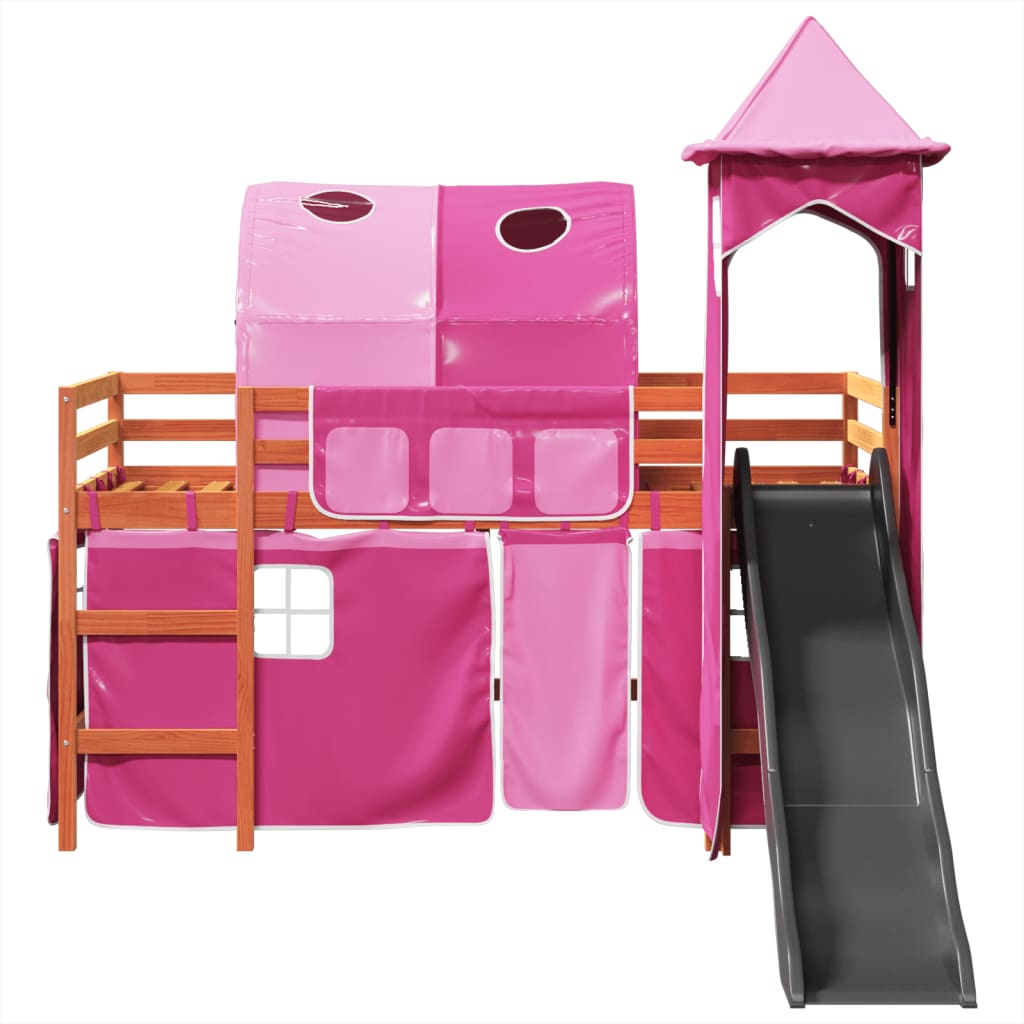 Letto a Soppalco con Torre Bambini Rosa 90x190cm Massello Pino