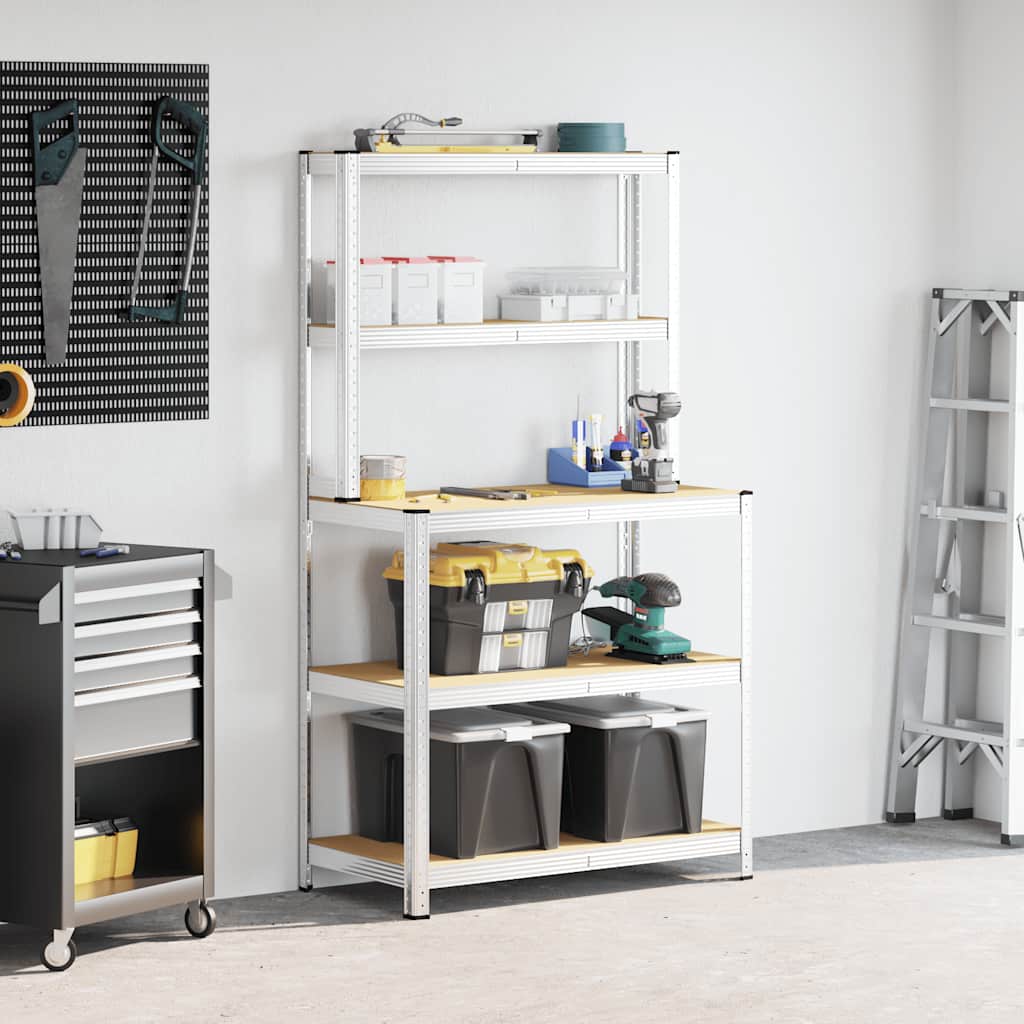 Tavolo Lavoro 5 Ripiani Argento in Acciaio e Legno Multistrato 4016956