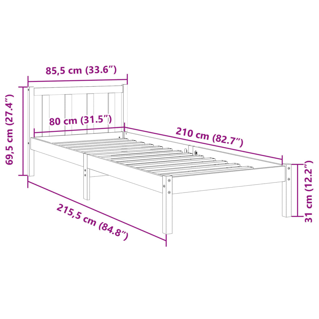 Letto Extra Lungo senza Materasso 80x200 cm in Legno di Pino 852429