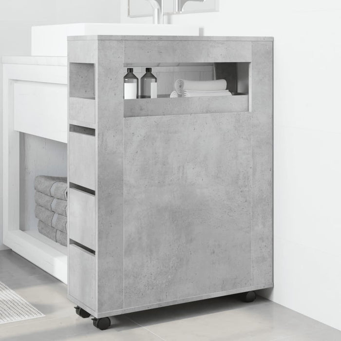Mobile da Bagno Stretto con Ruote Grigio Cemento in Truciolato