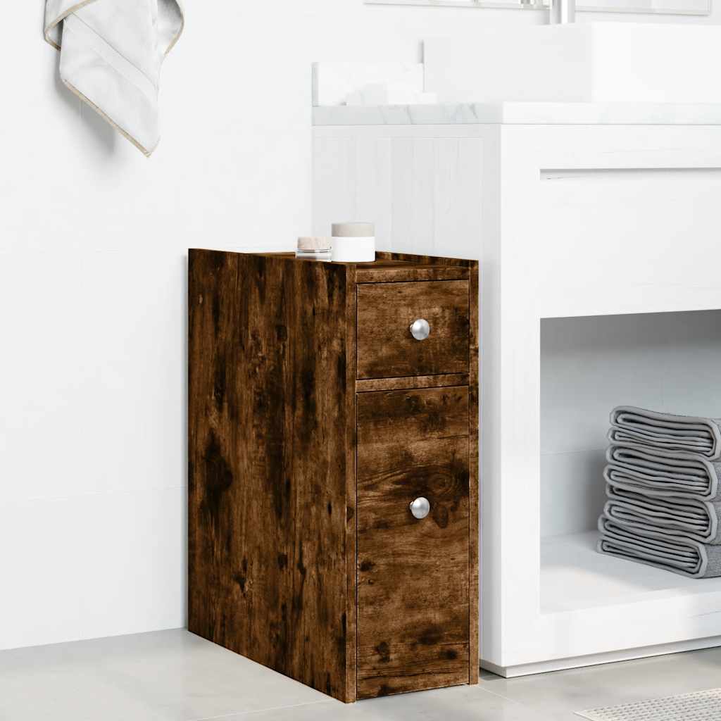 Armadietto da Bagno Stretto con Ruote Rovere Fumo in Truciolato
