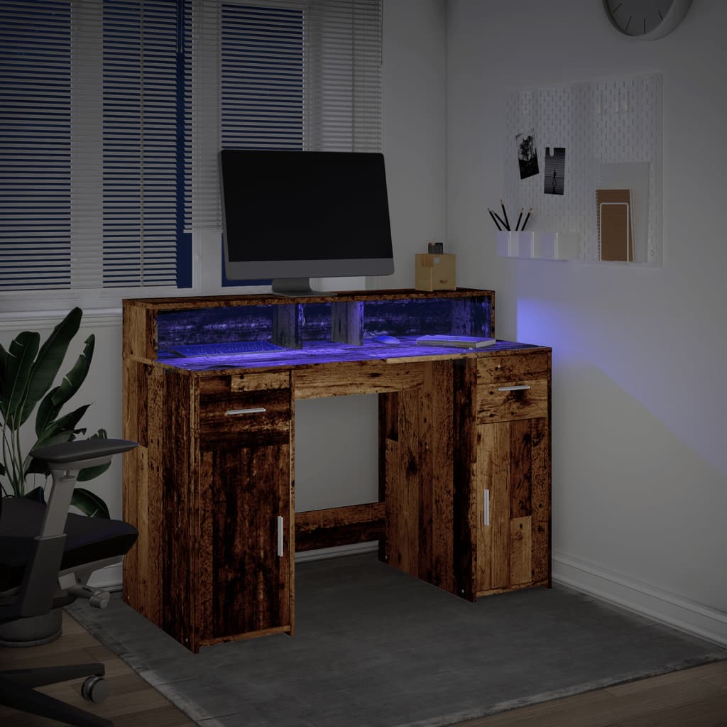 vidaXL Scrivania con Luci LED Legno Antico 120x55x91 cm in Multistrato