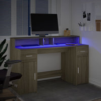 Scrivania con Luci LED Rovere Sonoma 140x55x91cm in Multistrato