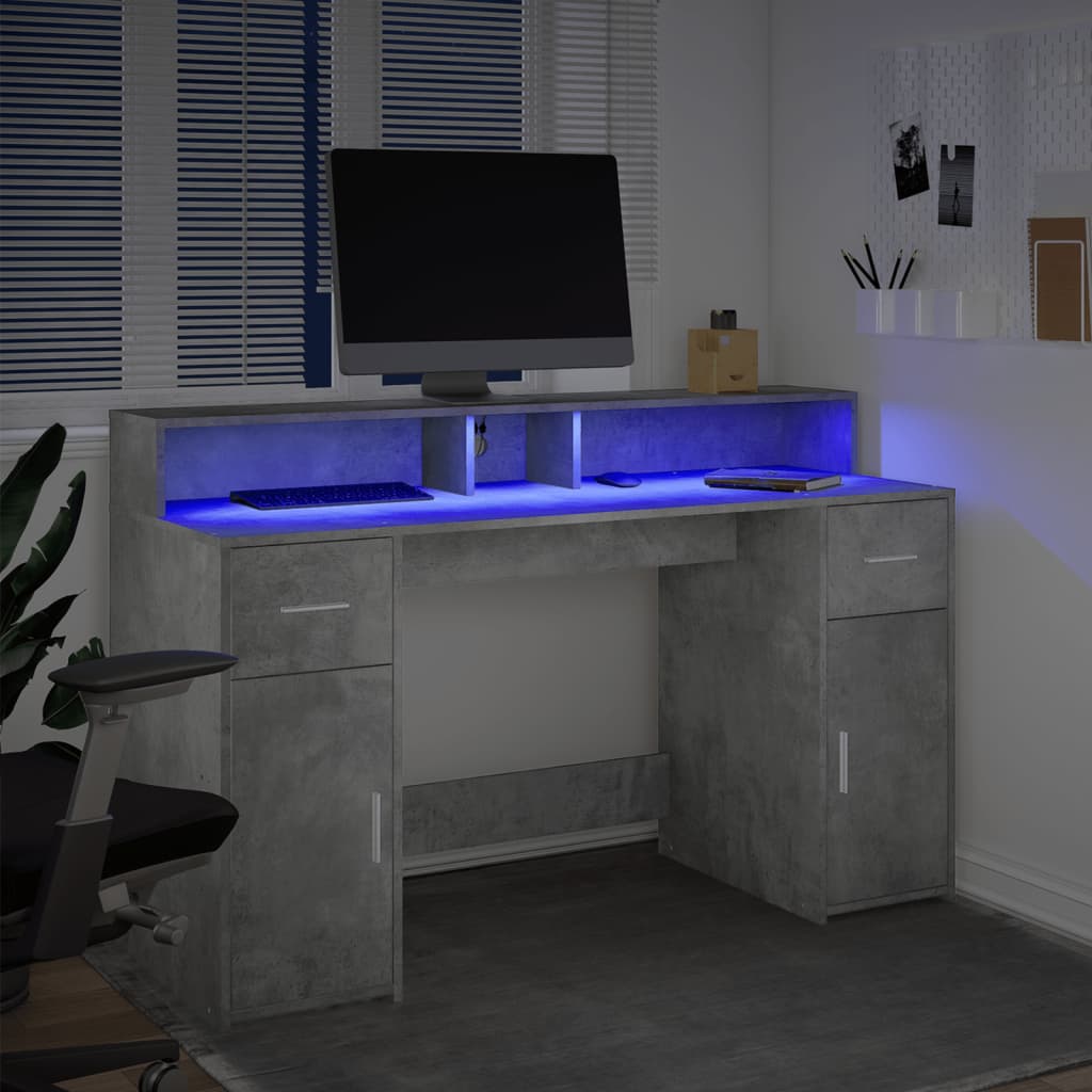 Scrivania con Luci LED Grigio Cemento 140x55x91 cm Multistrato 3309423