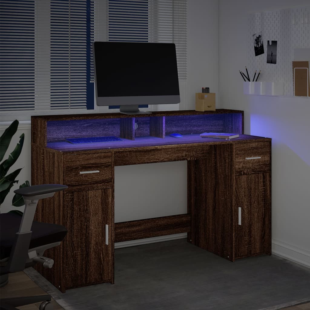 vidaXL Scrivania con Luci LED Marrone Rovere 140x55x91 cm Multistrato