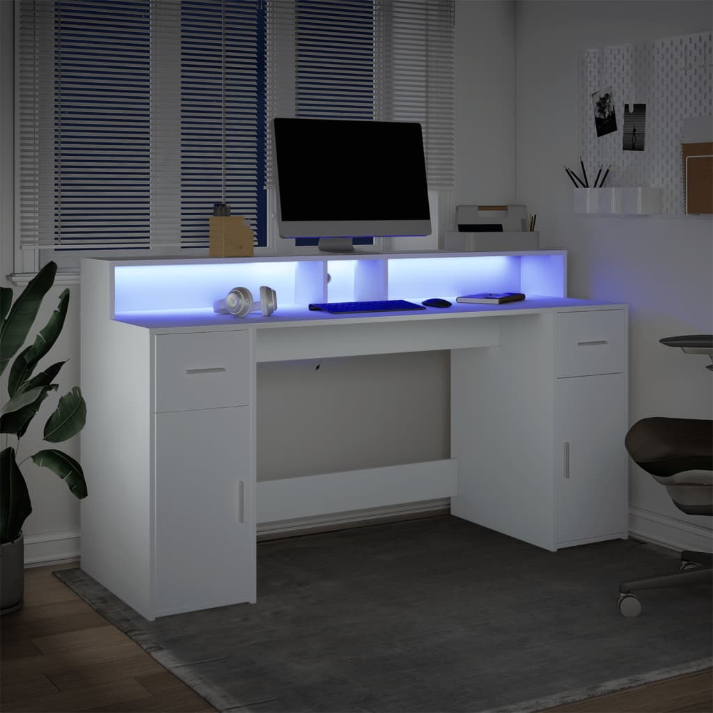 Scrivania con Luci LED Bianca 160x55x91 cm in Legno Multistrato