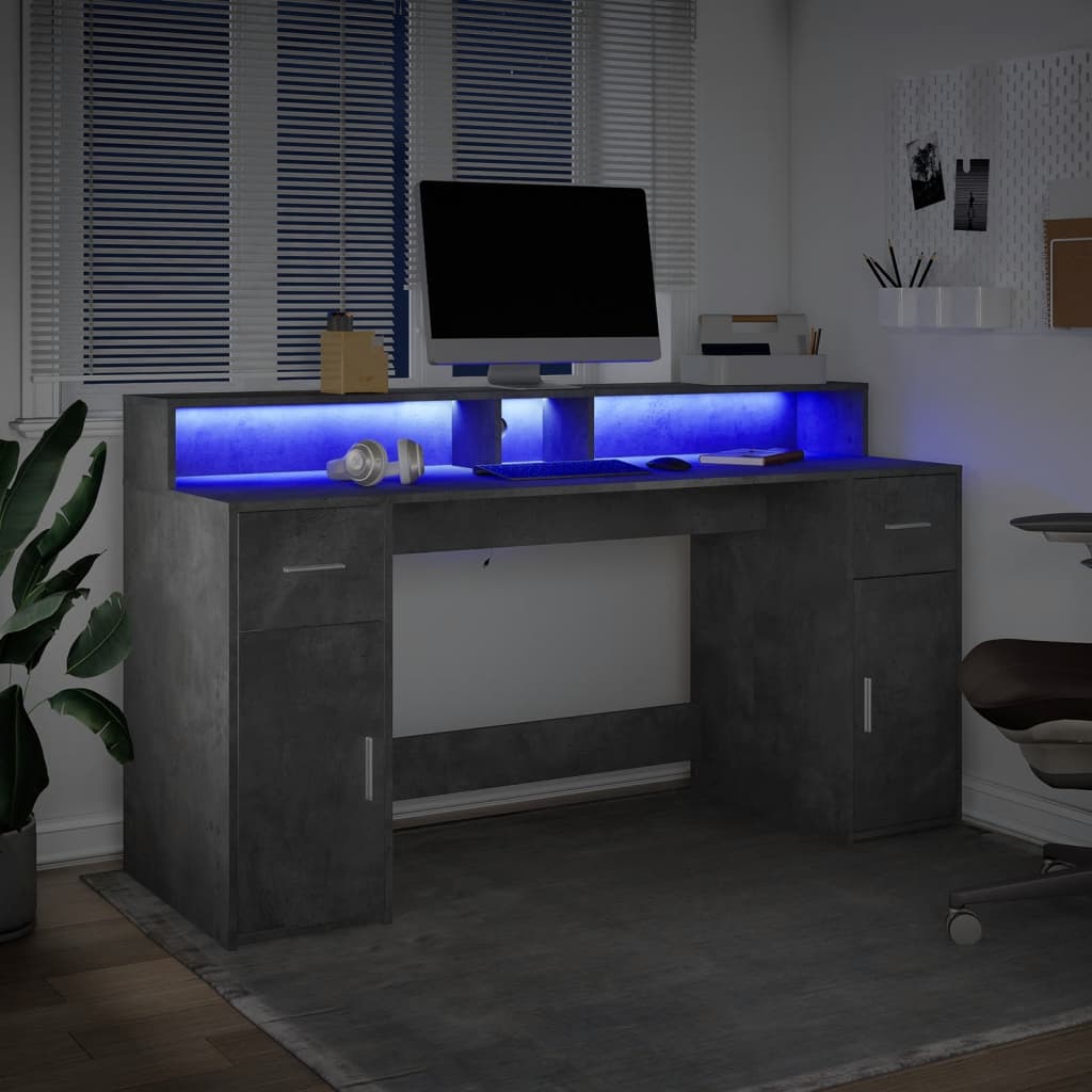 vidaXL Scrivania con Luci LED Grigio Cemento 160x55x91 cm Multistrato