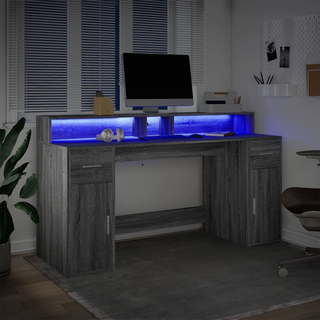 Scrivania con Luci LED Grigio Sonoma 160x55x91cm in Multistrato 3309434