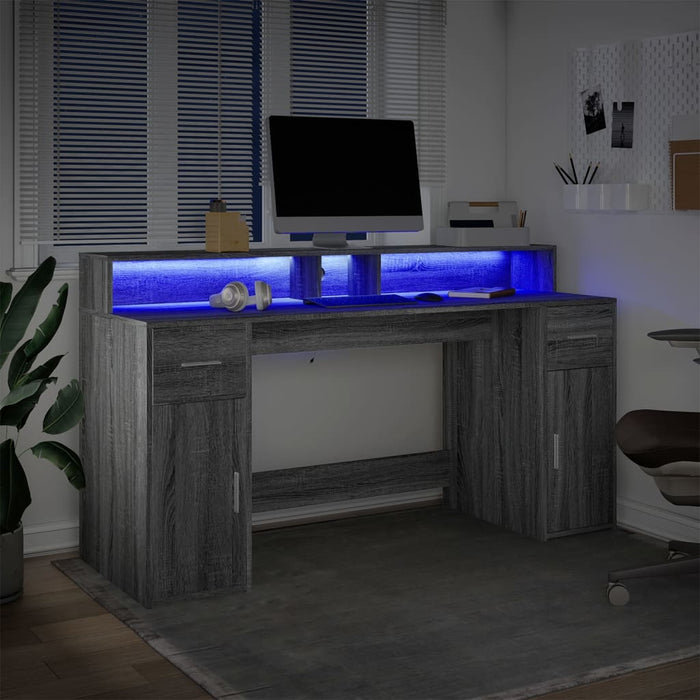 Scrivania con Luci LED Grigio Sonoma 160x55x91cm in Multistrato 3309434