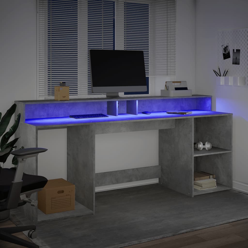 Scrivania con Luci LED Grigio Cemento 200x55x91 cm Truciolato