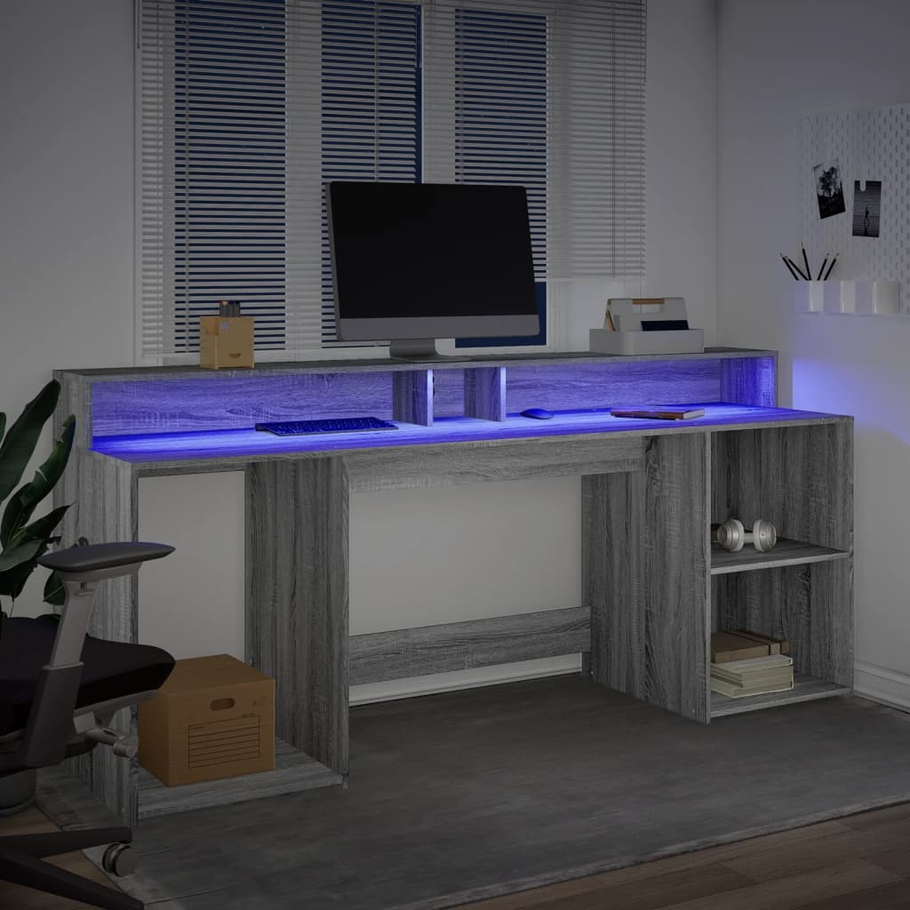 Scrivania con Luci LED Grigio Sonoma 200x55x91cm in Truciolato