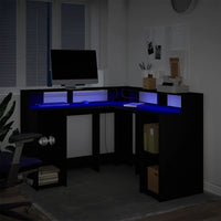 Scrivania con Luci LED Nera 130x130x91 cm in Truciolato