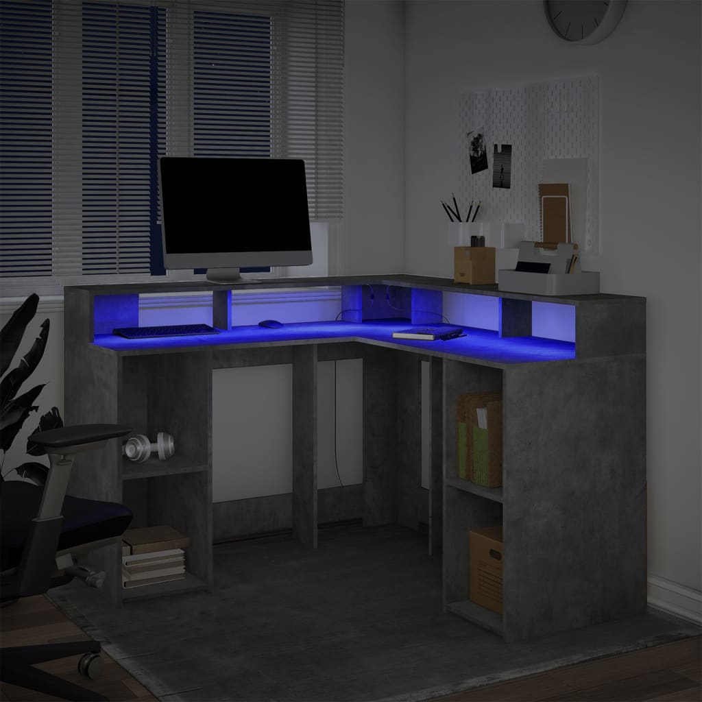 vidaXL Scrivania con Luci LED Grigio Cemento 130x130x91 cm Multistrato