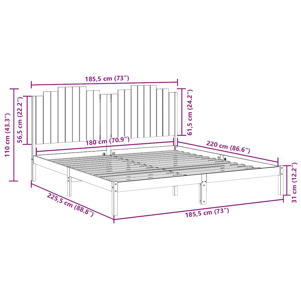 vidaXL Giroletto Extra Lungo senza Materasso 180x220 cm Legno Massello