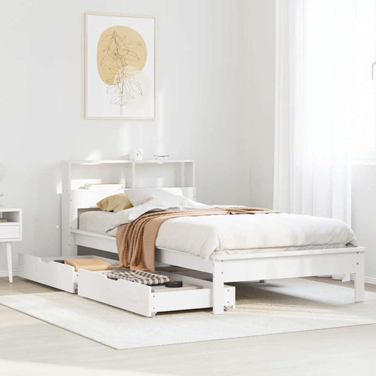 Letto Libreria senza Materasso-Struttura Letto con contenitore Bianco 90x190 cm Massello Pino 601322