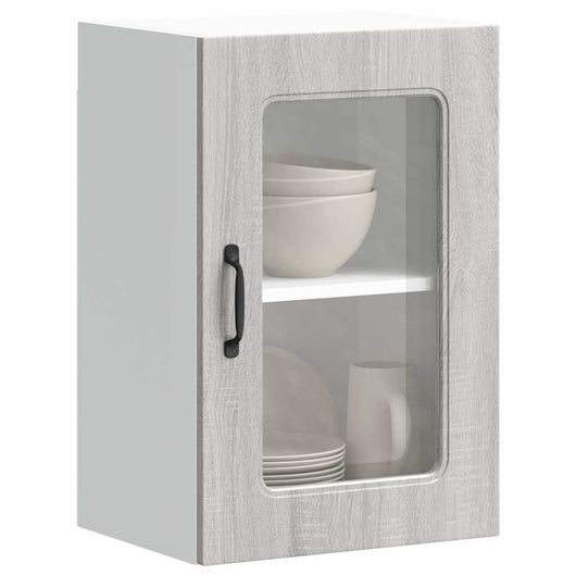 Pensile da Cucina con Porta in Vetro-Mobile Cucina da Parete Kalmar Grigio Sonoma 358638