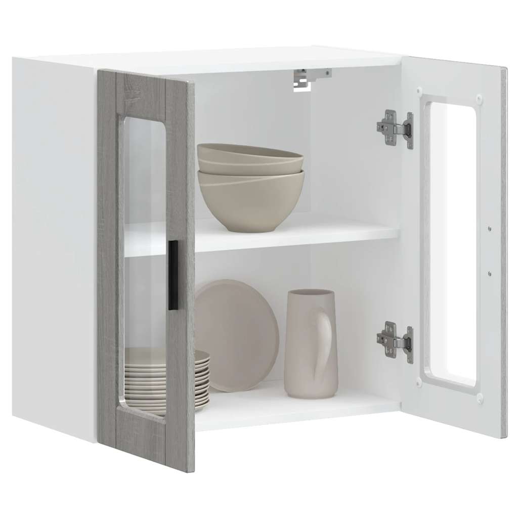 Pensile da Cucina con Porta in Vetro-Mobile Cucina da Parete Porto Grigio Sonoma 188569