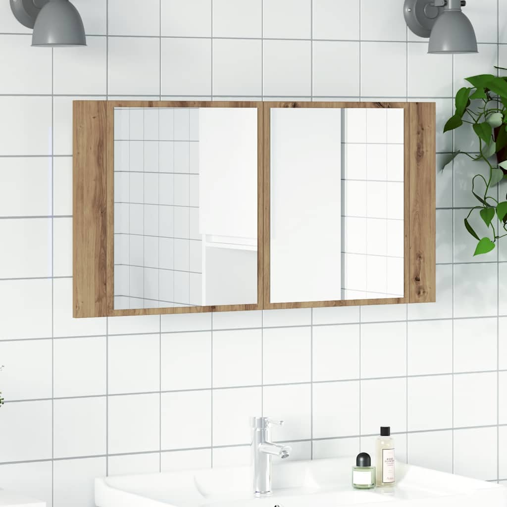 Mobile Specchio LED Rovere Artigianale 90x12x45 cm Multistrato 856285