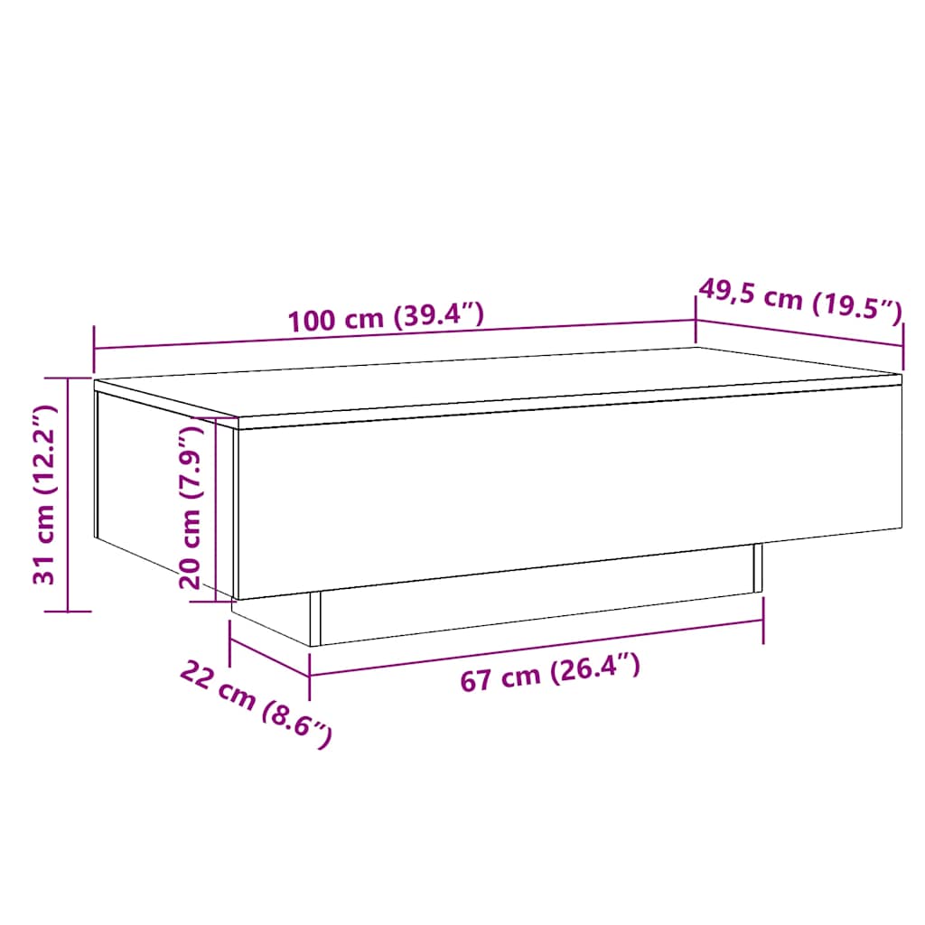 Tavolino Salotto Rovere Artigianale 100x49,5x31cm Multistrato