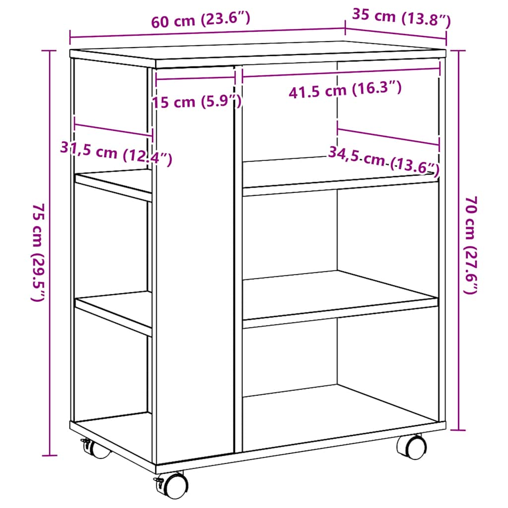 vidaXL Armadietto con Ruote Rovere Artigianale 60x35x75 cm Truciolato