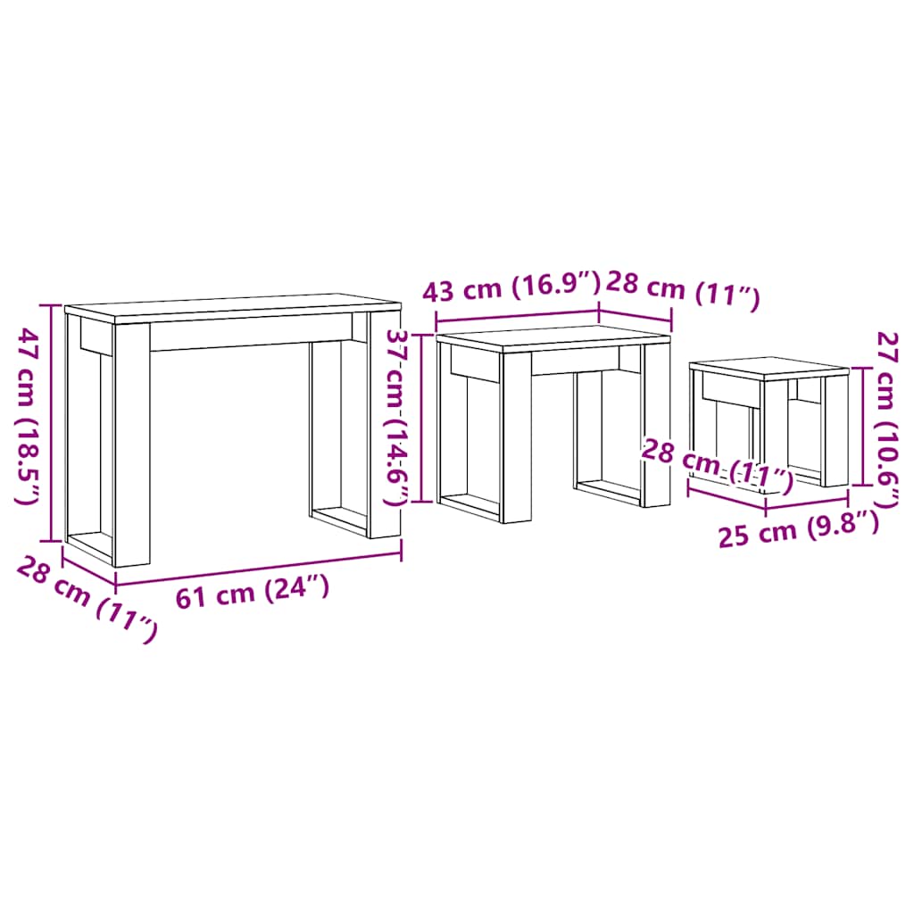 Nido di Tavoli 3 pz Rovere Artigianale in Legno Multistrato 856679