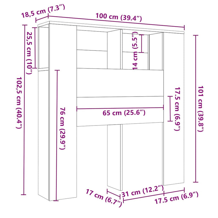 Testiera con Contenitore-Testiera con Ripiani Legno 100x18,5x102,5 cm in Multistrato