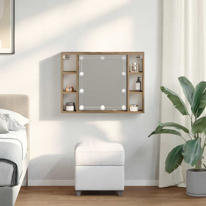 Mobile a Specchio LED-Armadietto a Specchio Rovere Artigianale 76x15x55cm Multistrato