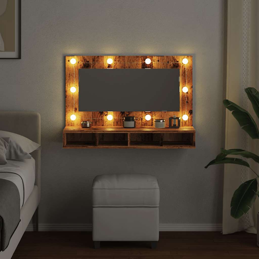 Mobile a Specchio con LED Legno Antico 90x31,5x62 cm 857005