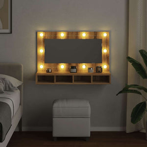 Mobiletto a specchio con LED in rovere artigianale 90x31,5x62 cm 857006