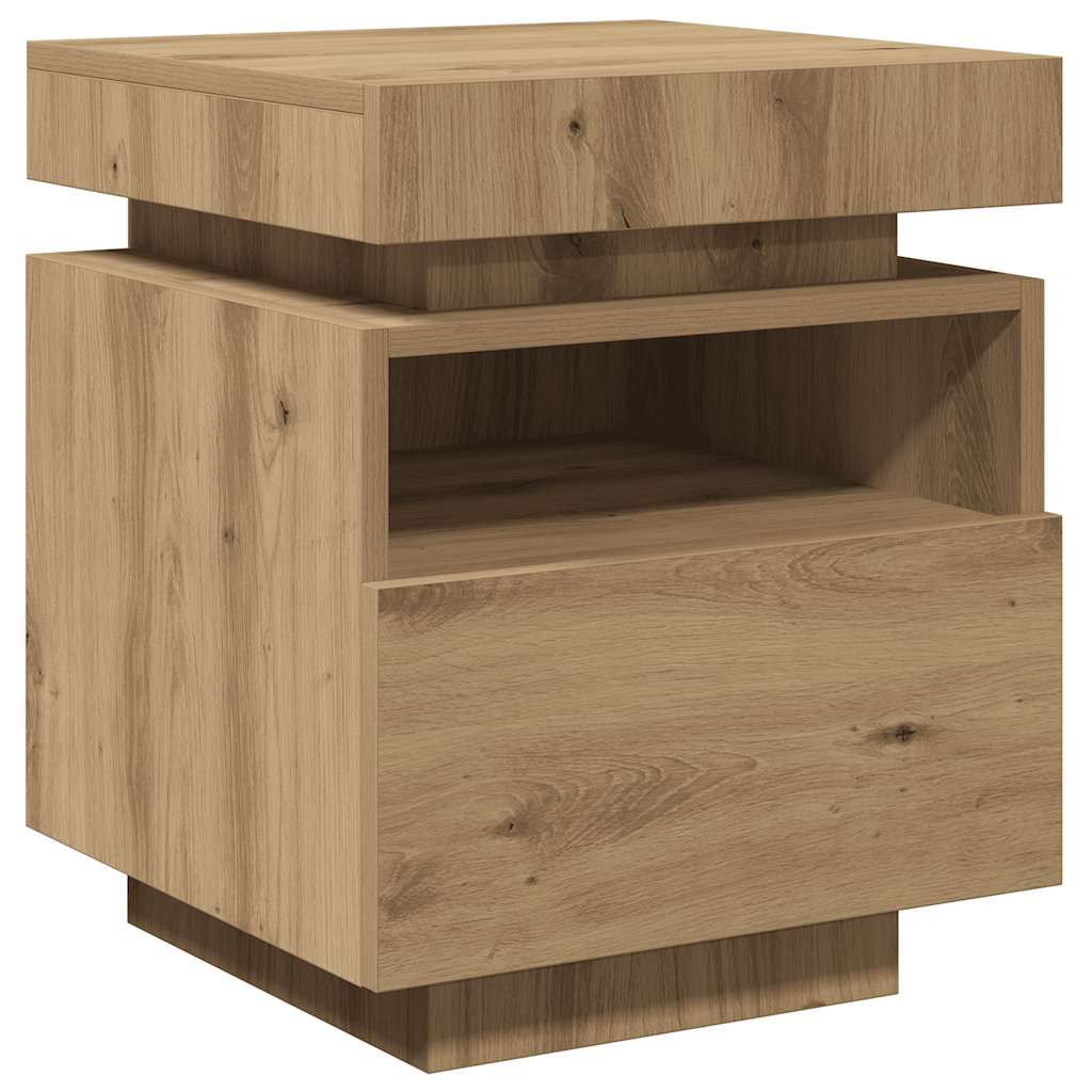 Comodino con Luci LED-Tavolino da notte Rovere Artigianale 40x39x48,5 cm