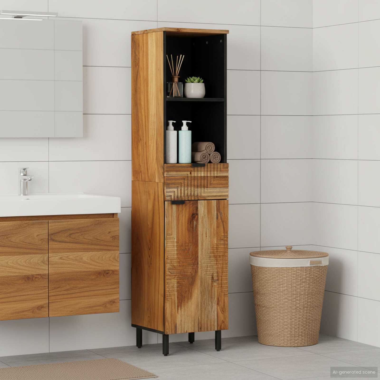Armadio per Lavabo da Bagno con porta Legno di Acacia Massello 4017778