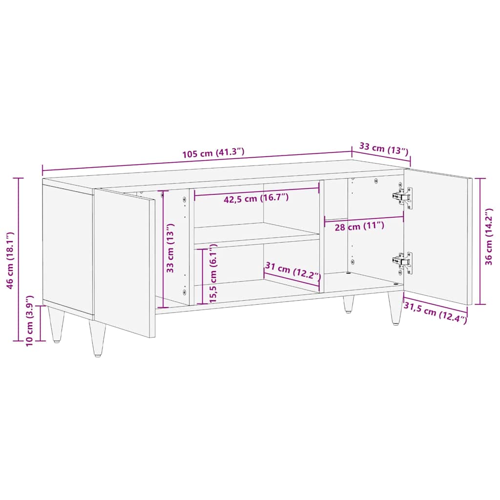 vidaXL Mobile TV Nero e Oro 105 x 33 x 46 cm legno massello di mango