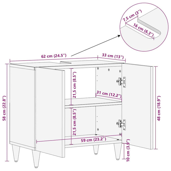 vidaXL Mobile da Bagno Bianco 62 x 33 x 58 cm Legno Massiccio Mango