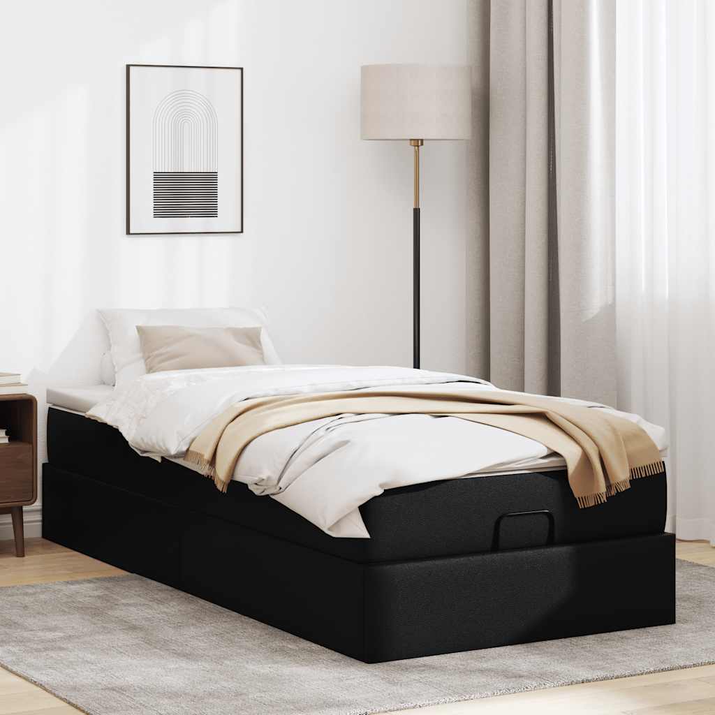 vidaXL Struttura Letto Pouf con Materasso Nero 90x200 cm Similpelle