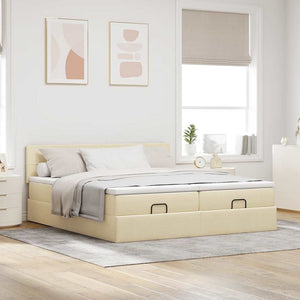 Struttura Letto Pouf con Materassi Crema 200x200 cm in Tessuto
