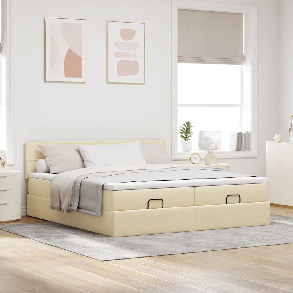Struttura Letto Pouf con Materassi Crema 200x200 cm in Tessuto 3312006