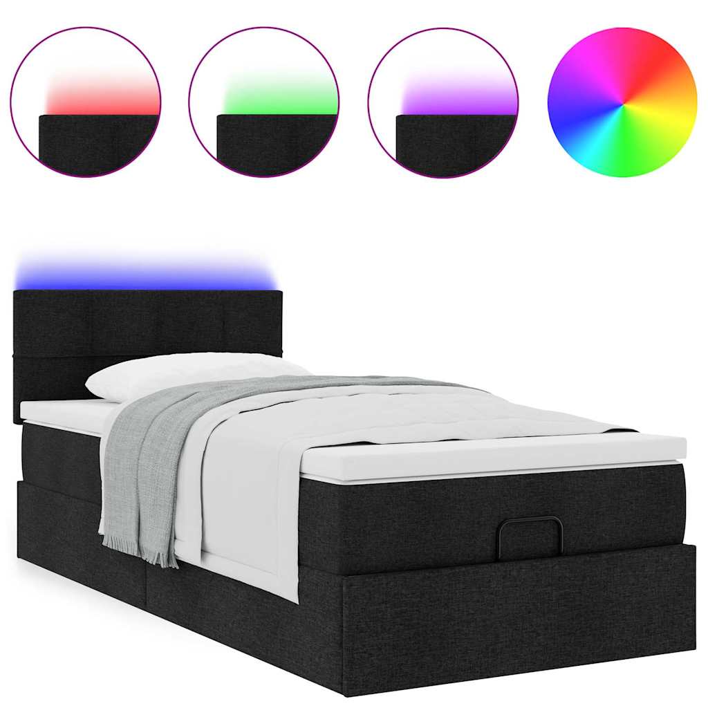 Pouf Letto con Materasso e LED Nero 80x200cm in Tessuto