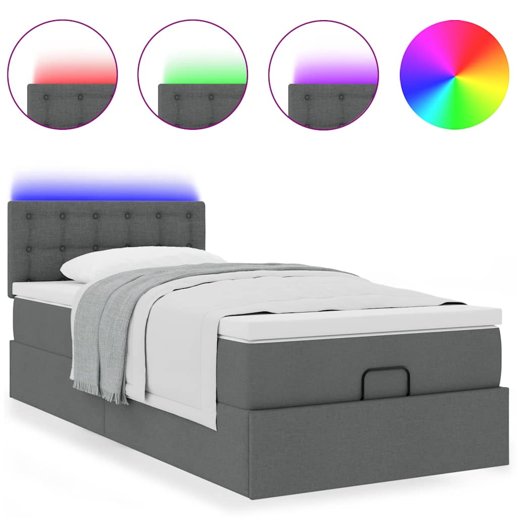 Pouf Letto con Materasso e LED Grigio Scuro 80x200cm in Tessuto