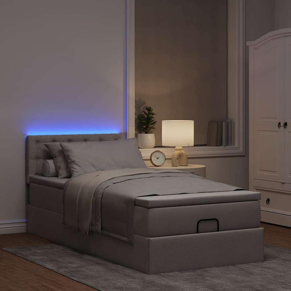 Pouf Letto con Materasso e LED Tortora 90x200 cm in Tessuto
