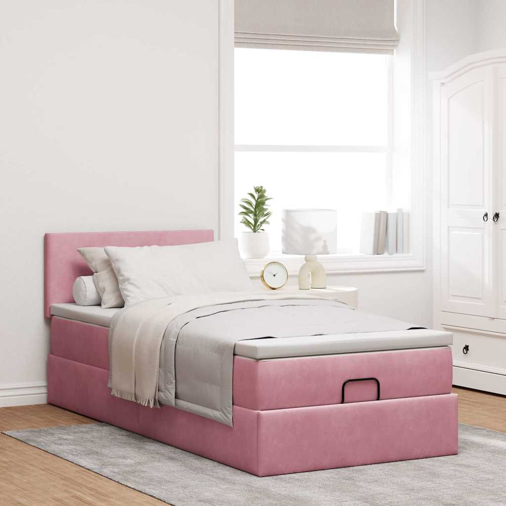 Struttura Letto Pouf con Materasso Rosa 90x200 cm in Velluto