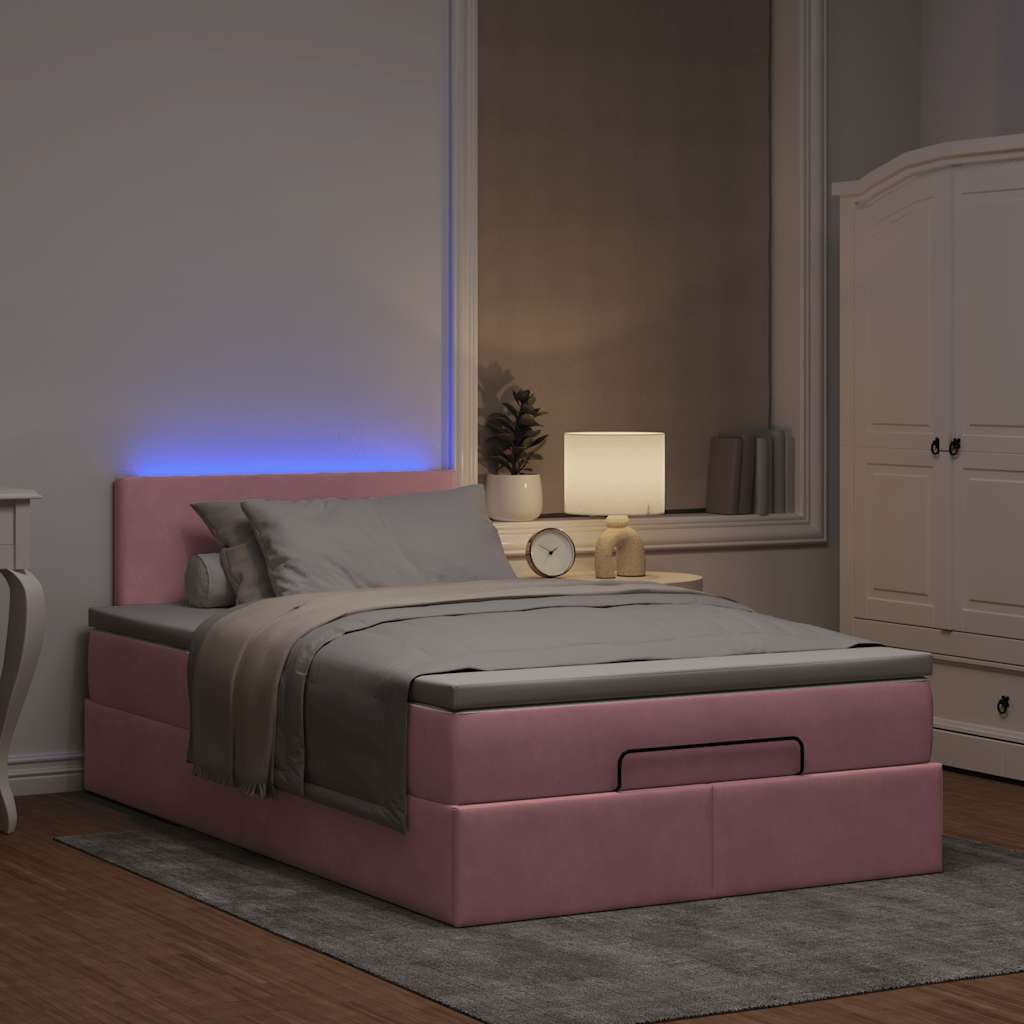 Pouf Letto con Materasso e LED Rosa 120x190cm in Velluto