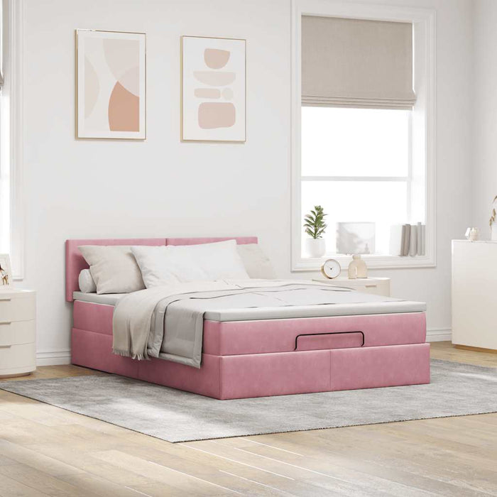 Struttura Letto Pouf con Materasso Rosa 140x200 cm in Velluto 3312559