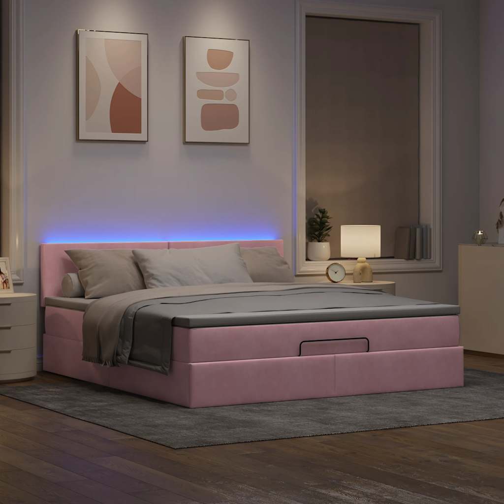 vidaXL Pouf Letto con Materasso e LED Rosa 180x200cm in Velluto