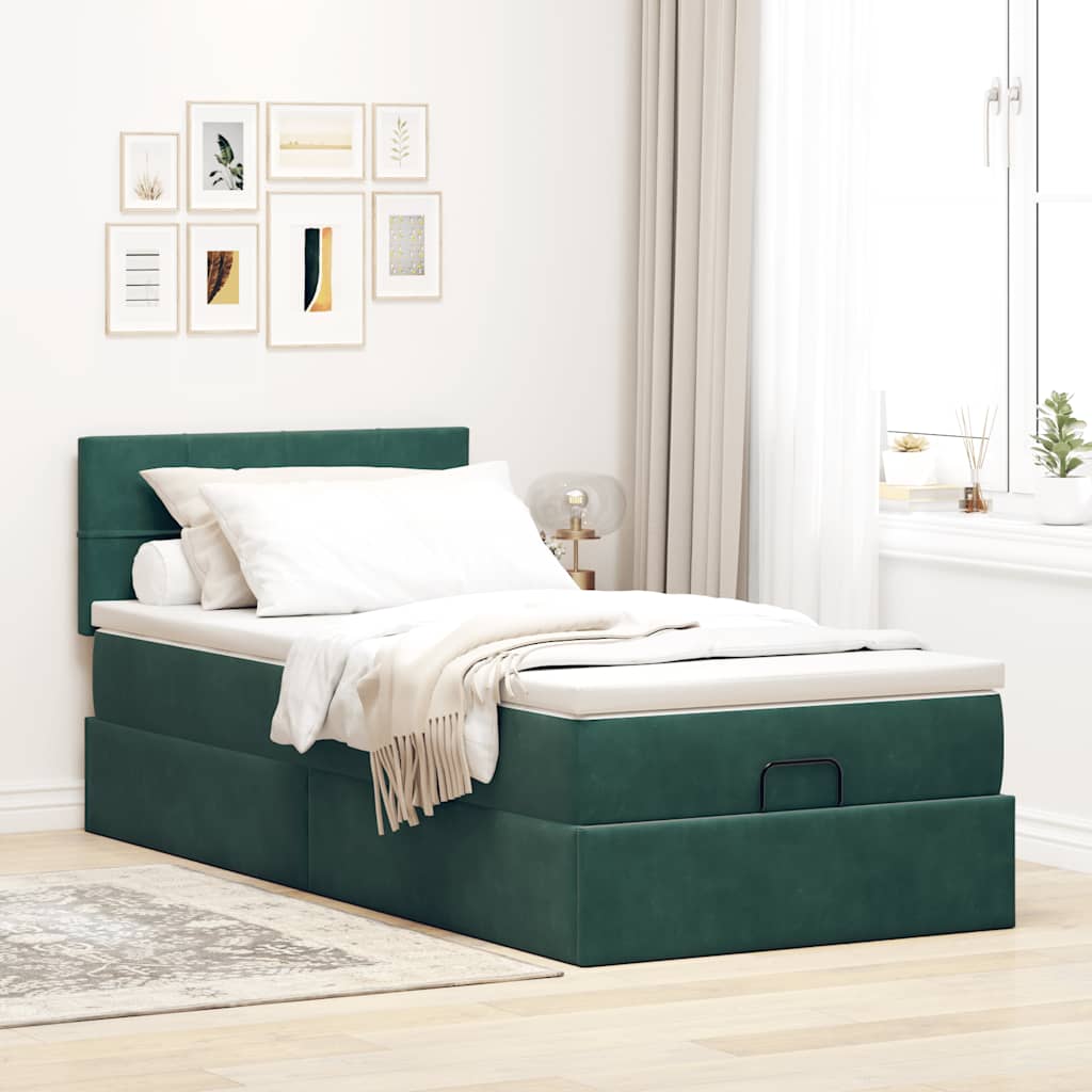 Pouf Letto con Materasso e LED Verde Scuro 90x200cm in Velluto 3312599