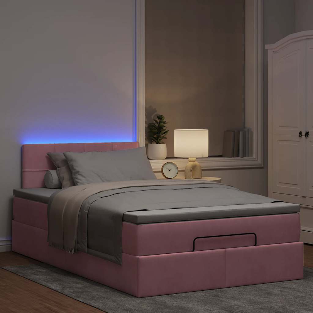 Pouf Letto con Materasso e LED Rosa 120x190cm in Velluto
