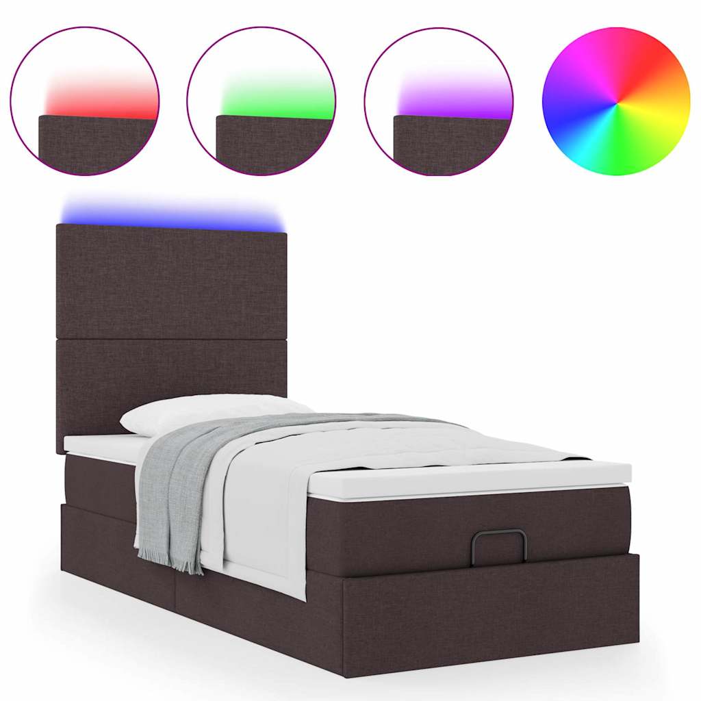 Pouf Letto con Materasso e LED Marrone Scuro 90x200 cm Tessuto